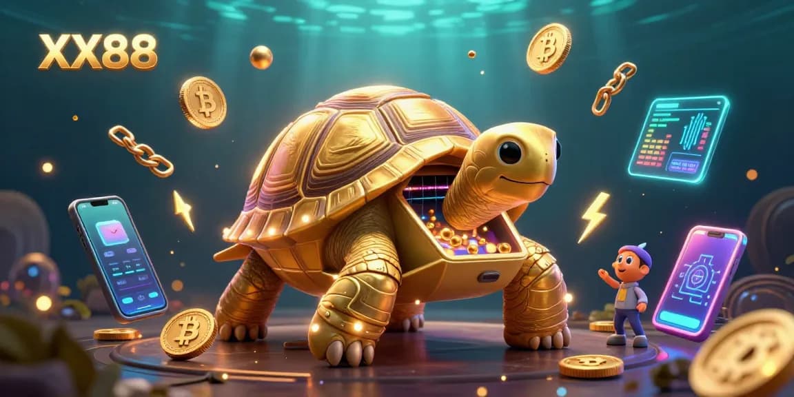 Experience thrilling gameplay at XX88 with a vibrant scene featuring a golden tortoise and crypto elements.