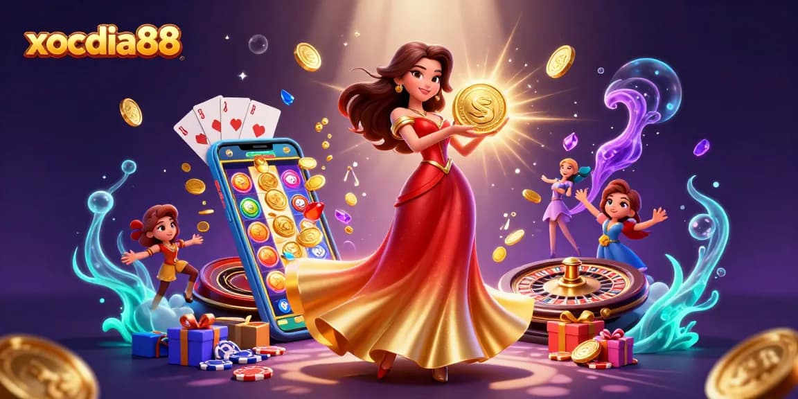 Xocdia88 features an elegant Asian woman holding a golden coin, surrounded by dynamic gambling elements.