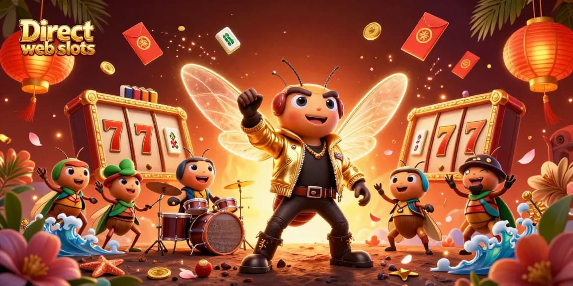 Engage in thrilling Direct web slots action with dynamic visuals of a rock star cicada and vibrant casino elements.