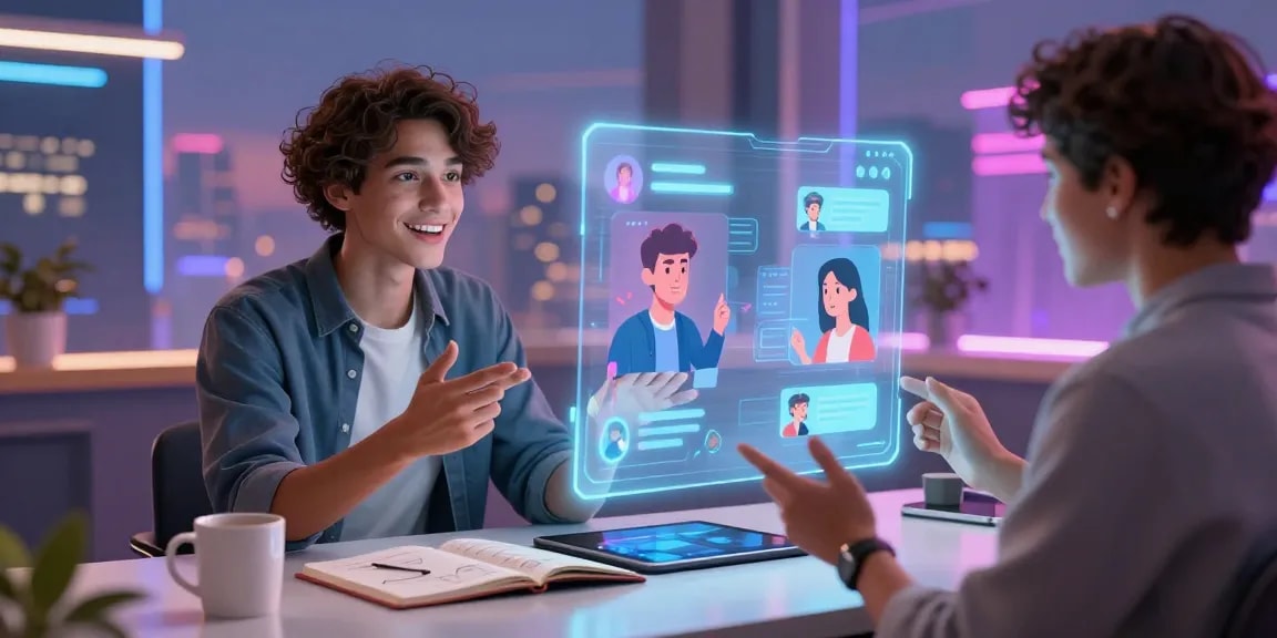 An engaging scene illustrating AI NSFW chat interaction, showcasing immersive characters and futuristic design elements.