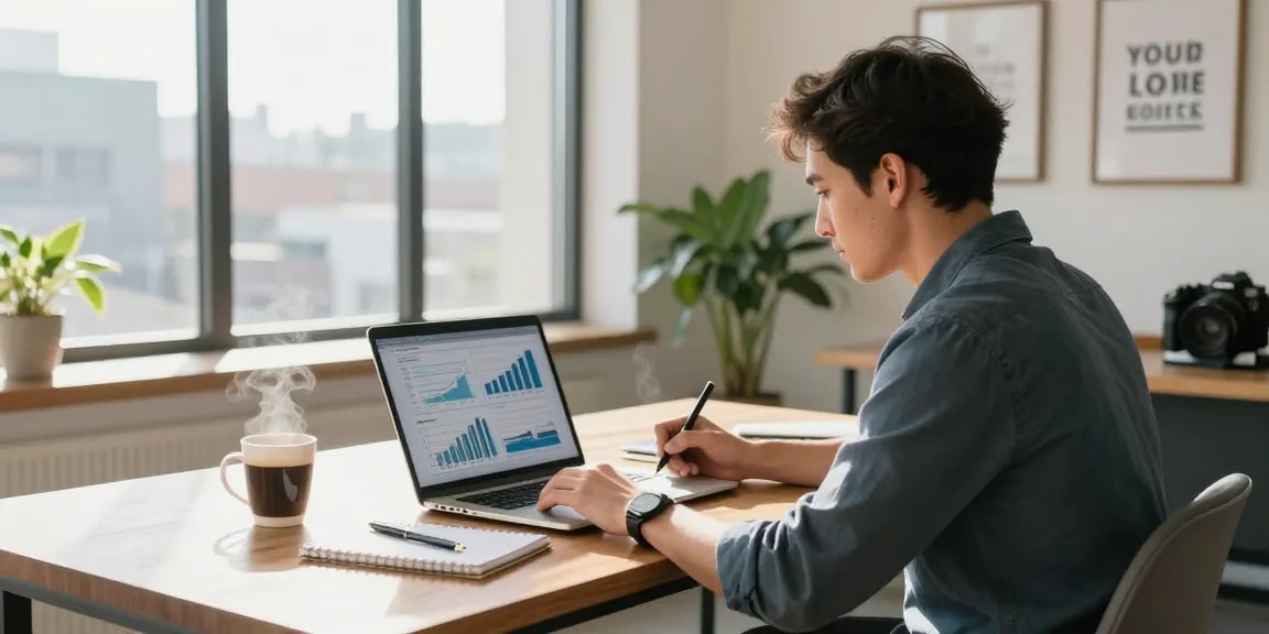Small business office scene showcasing an entrepreneur working on financial plans