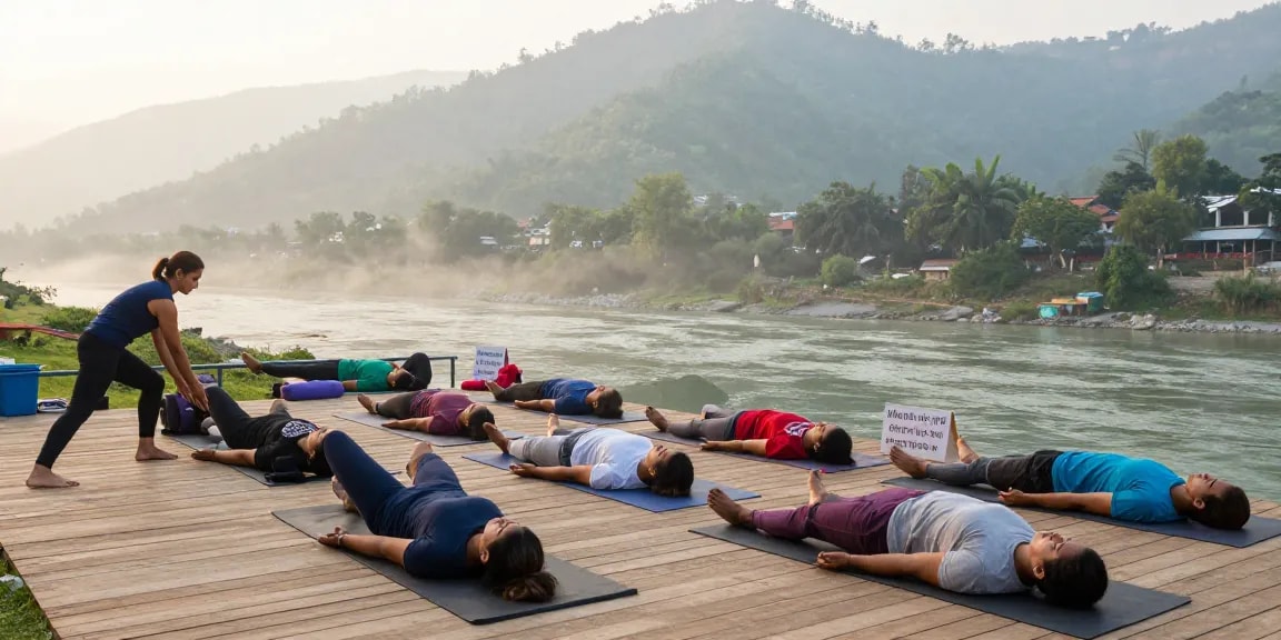 Participants practicing Hatha yoga during the 200 hour yoga teacher training in rishikesh at dawn by the Ganga River.