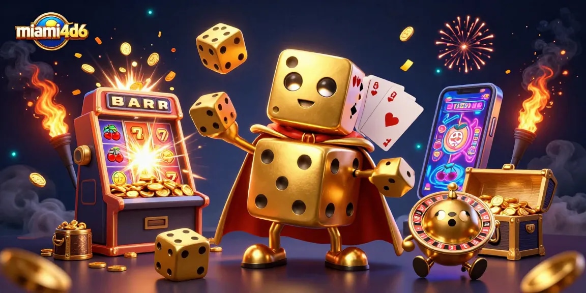 Engaging scene featuring miami4d6's golden dice golem amidst a vibrant casino explosion.