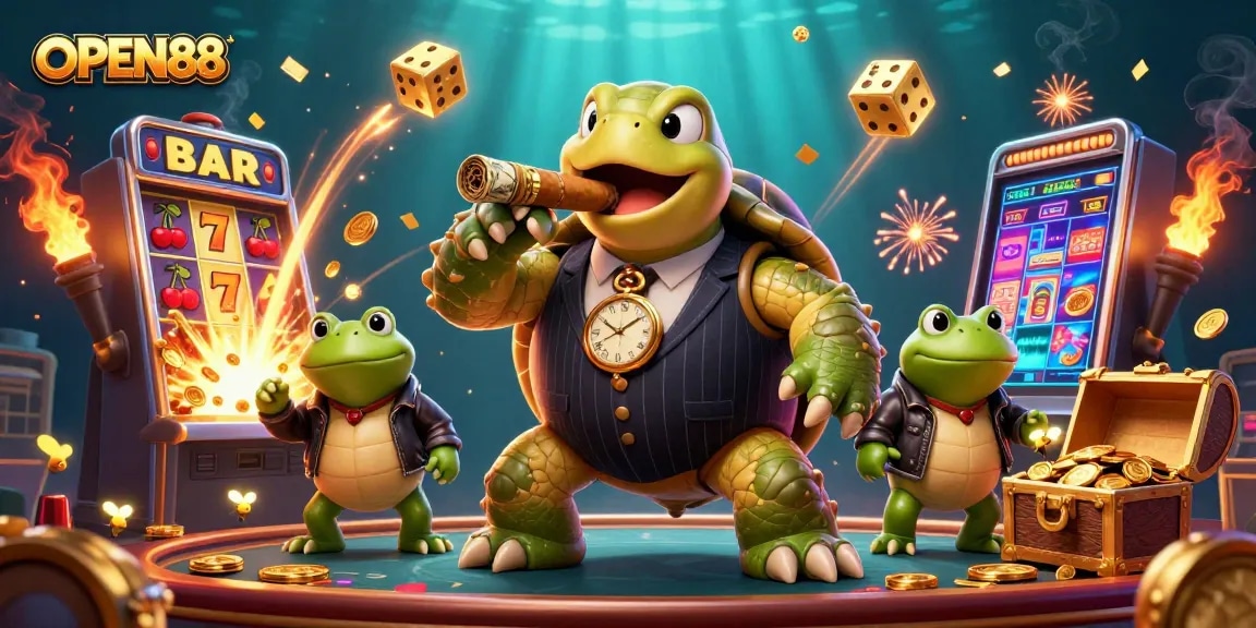 Experience the vibrant excitement of OPEN88 with a flashy 3D illustration showcasing casino adventures.