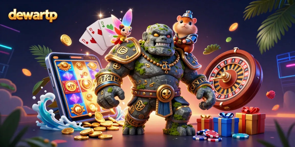 Memenangkan permainan dengan dewartp yang menghadirkan karakter golem dan peri dalam kasino 3D yang meriah.