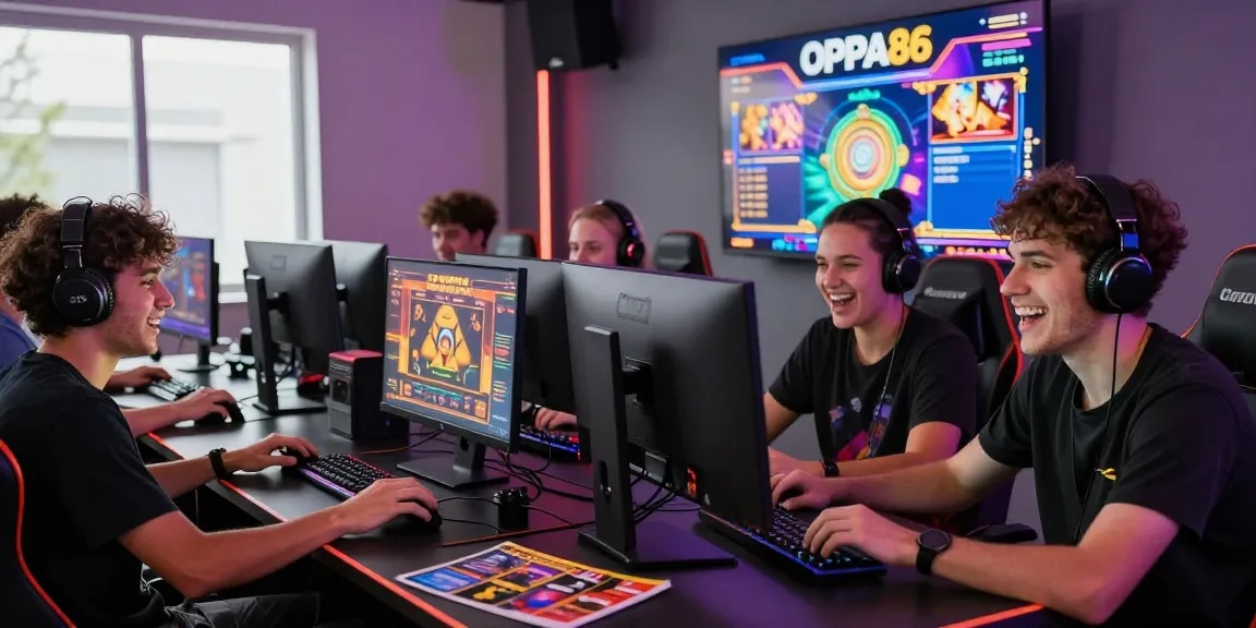 Exciting OPPA86 situs gaming scene with enthusiastic friends enjoying online slots.