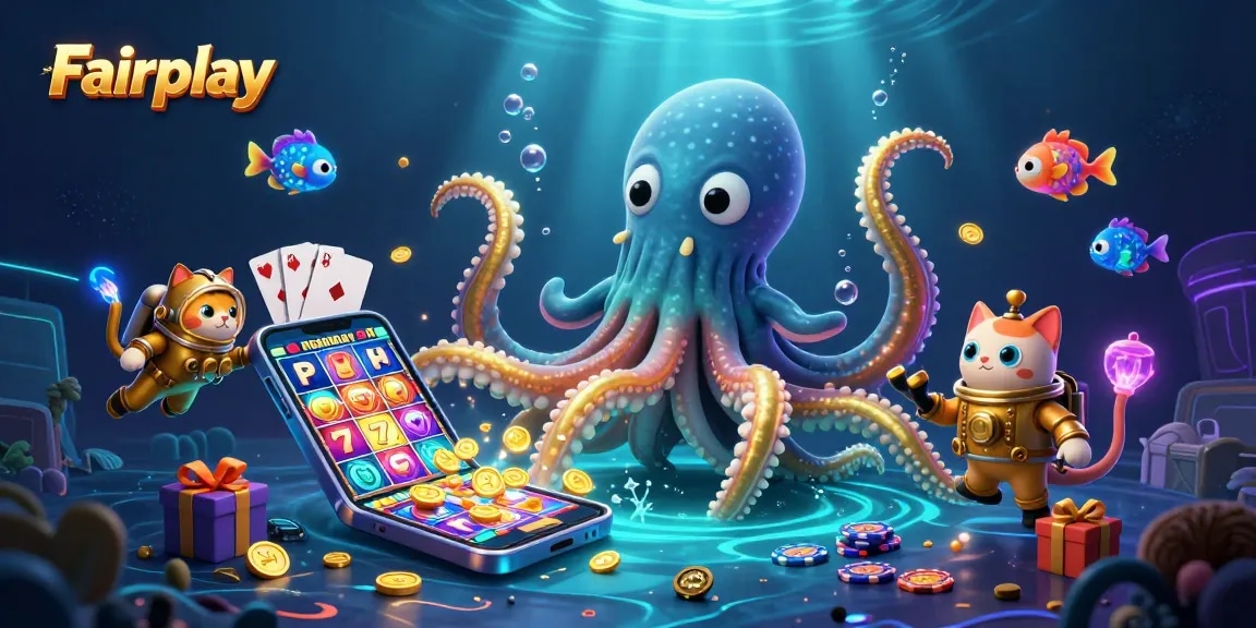 Experience Fairplay excitement with a kraken and diving cat amidst vibrant casino elements.