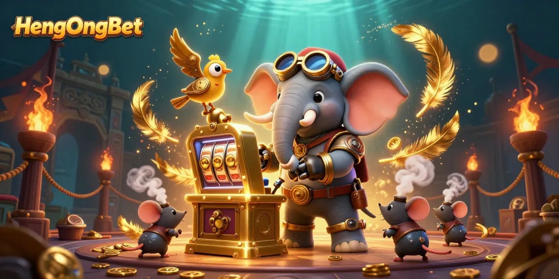 Engage with HengOngBet's thrilling gaming experience surrounded by swirling golden feathers and dynamic casino elements.