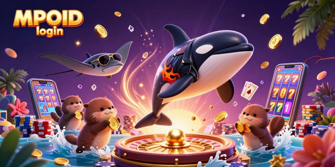 MPOID login offers players an exciting casino experience with animated characters and vibrant gold coins.
