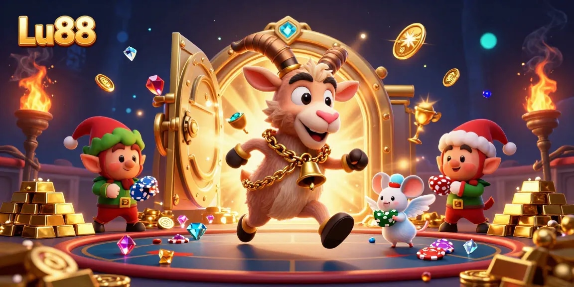 Engage in thrilling gameplay at Lu88's vibrant casino, featuring dynamic characters in a festive atmosphere.