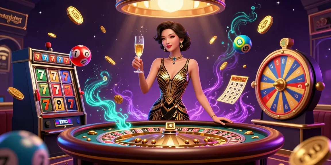 Spin your way to victory in mahjong with dazzling slot reels and a glamorous casino setting.