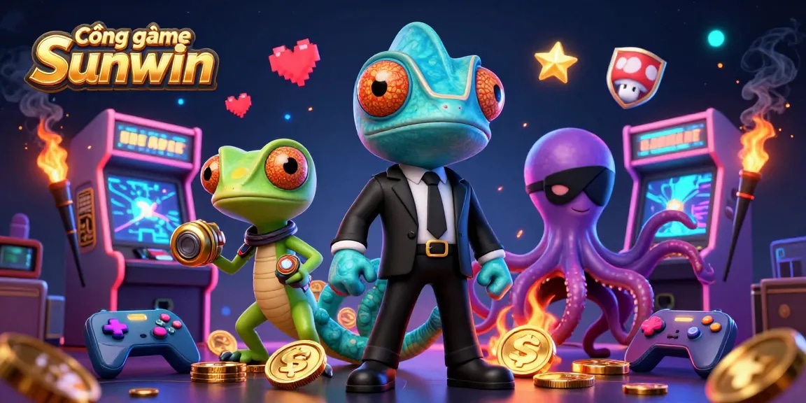 Cổng game Sunwin showcases vibrant gaming elements with a dynamic chameleon, gecko, and octopus in a rich casino scene.