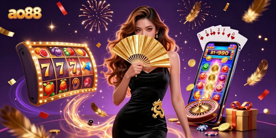 Experience the ao88 casino magic with a stunning Asian woman amidst vibrant slot gaming elements.