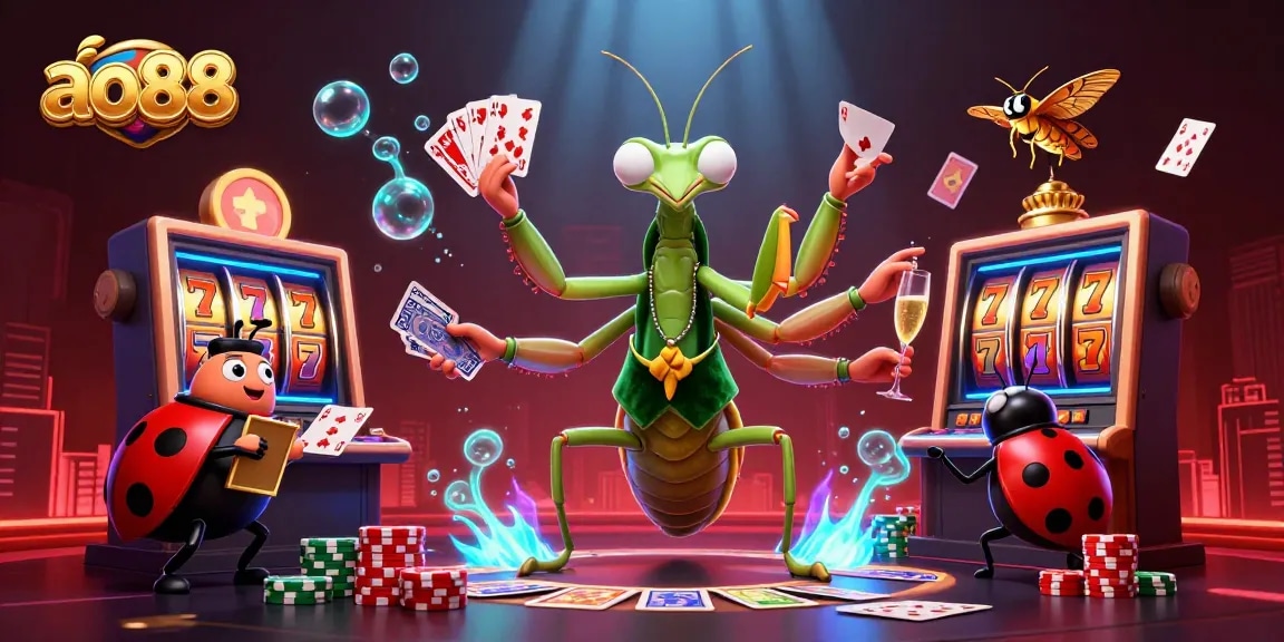 Engage with ao88's thrilling slot game experience featuring vibrant casino elements and a playful mantis dealer.