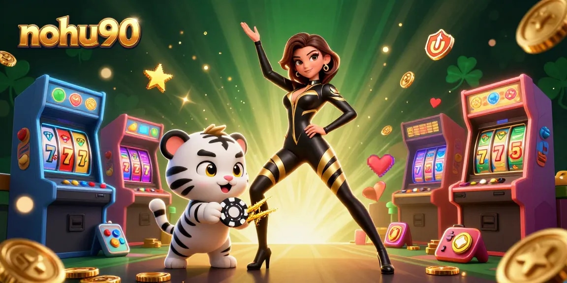 Nohu90 slots jackpot action with a vibrant 3D illustration featuring a stunning woman and tiger