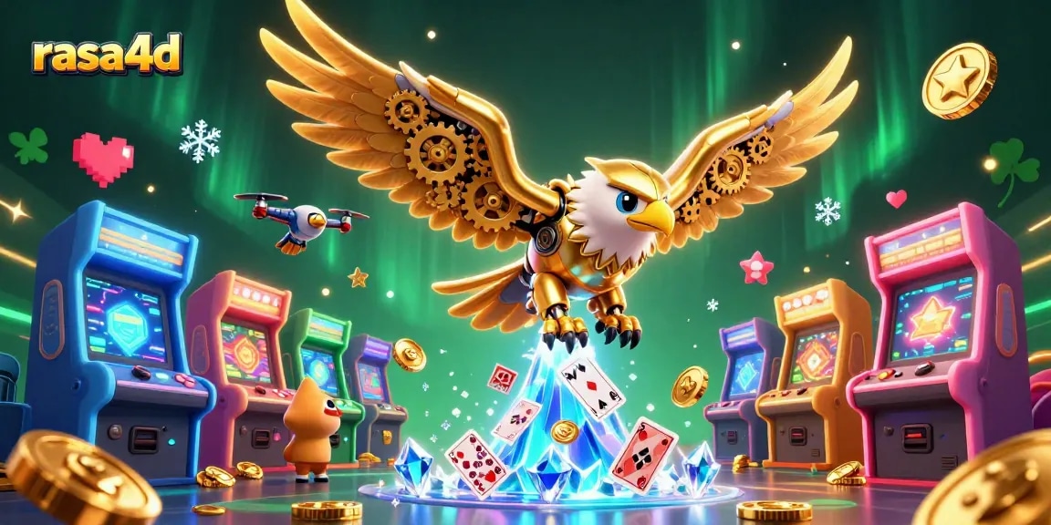 Rasa4d menampilkan elang emas cybernetic terbang di antara kartu permainan holografik dalam ilustrasi kasino.