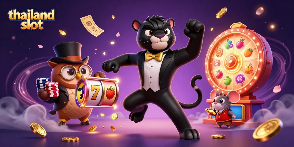 Engage with thailand slot action showcasing a panther spinning slot reels amid colorful game elements.