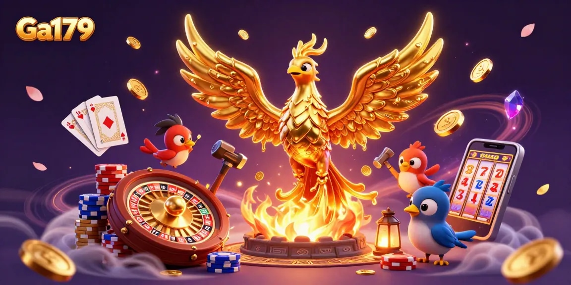 Experience Ga179 with a captivating display of a golden phoenix, coins, and casino elements enhancing gaming excitement.