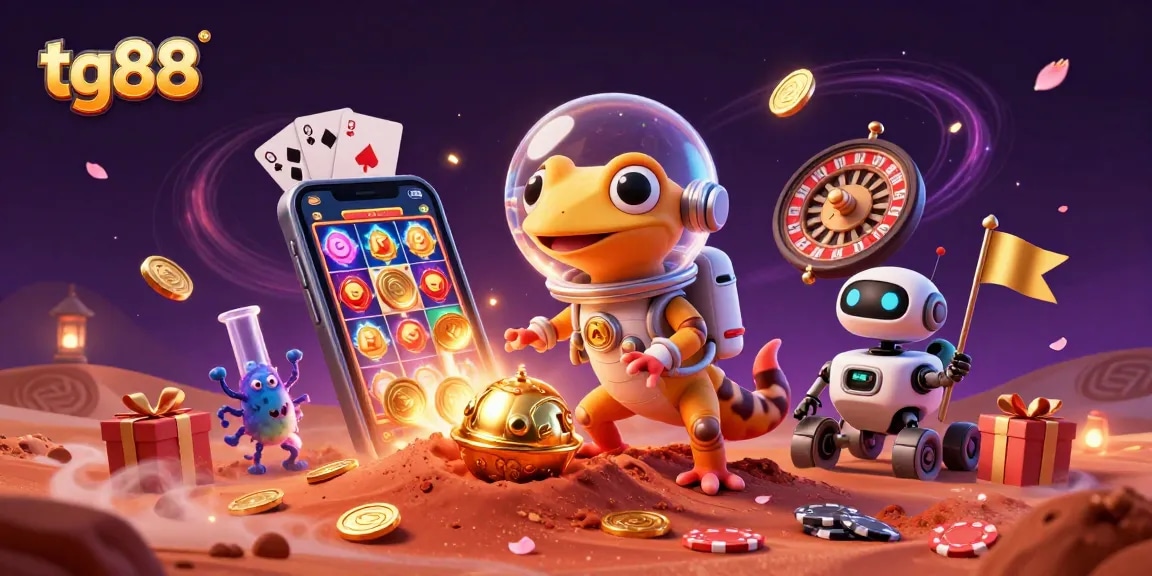 Join the fun at tg88 as a cartoon gecko discovers a hidden golden casino with exciting games.