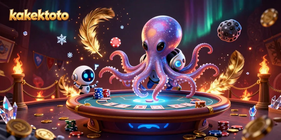 Join the kakektoto game table with alien octopus and cheerful robot in a vibrant casino scene.