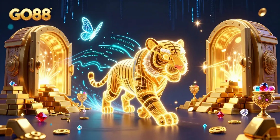Experience winning thrills with GO88, the vibrant digital casino showcasing a neon golden tiger.
