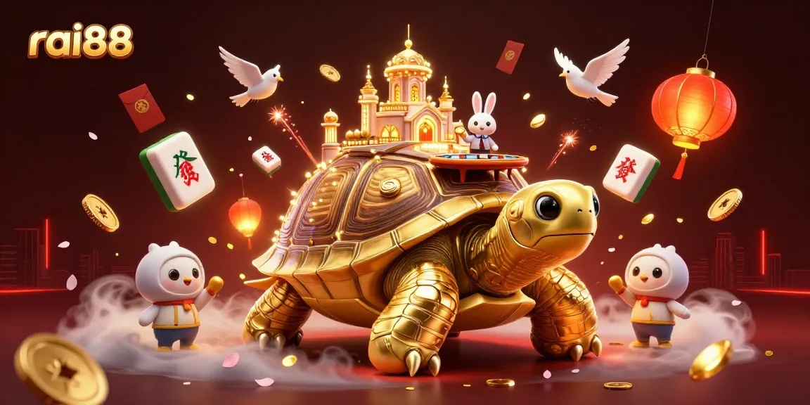 Experience vibrant gameplay at rai88 with a golden tortoise casino illustration showcasing festive elements.