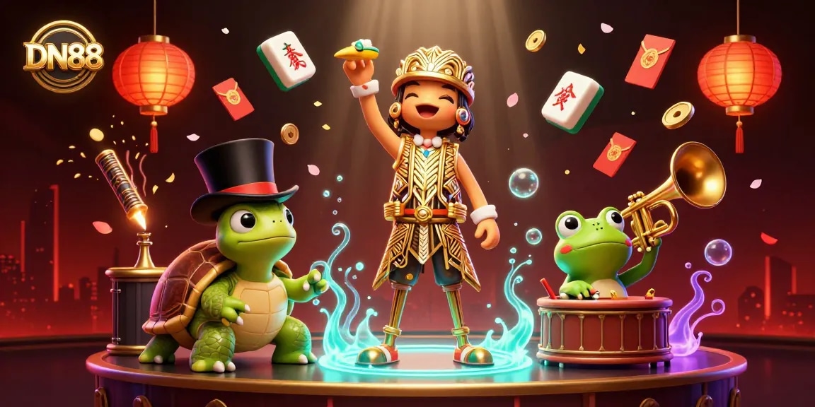 Experience DN88's vibrant casino adventure with lively characters and exciting game elements in a stunning 3D illustration.