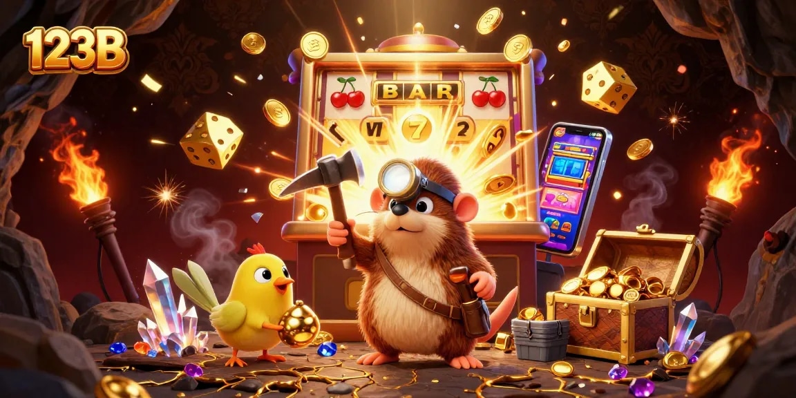 Experience thrilling jackpot wins at 123B with a vibrant casino treasure scene full of excitement!