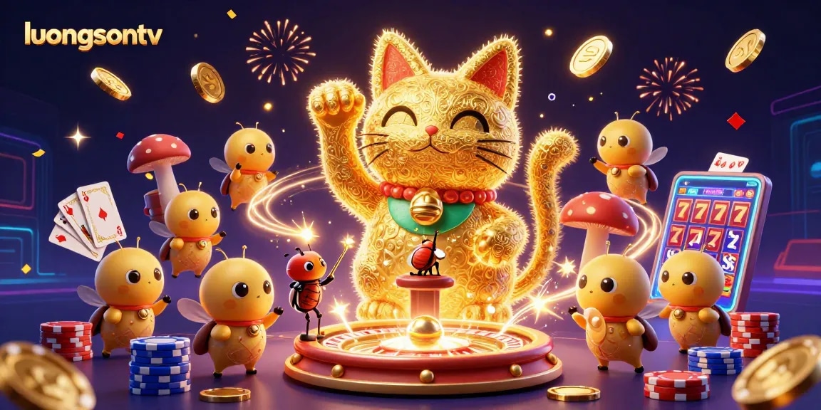 luongsontv features an enchanting lucky cat surrounded by dynamic casino elements, ideal for betting enthusiasts.