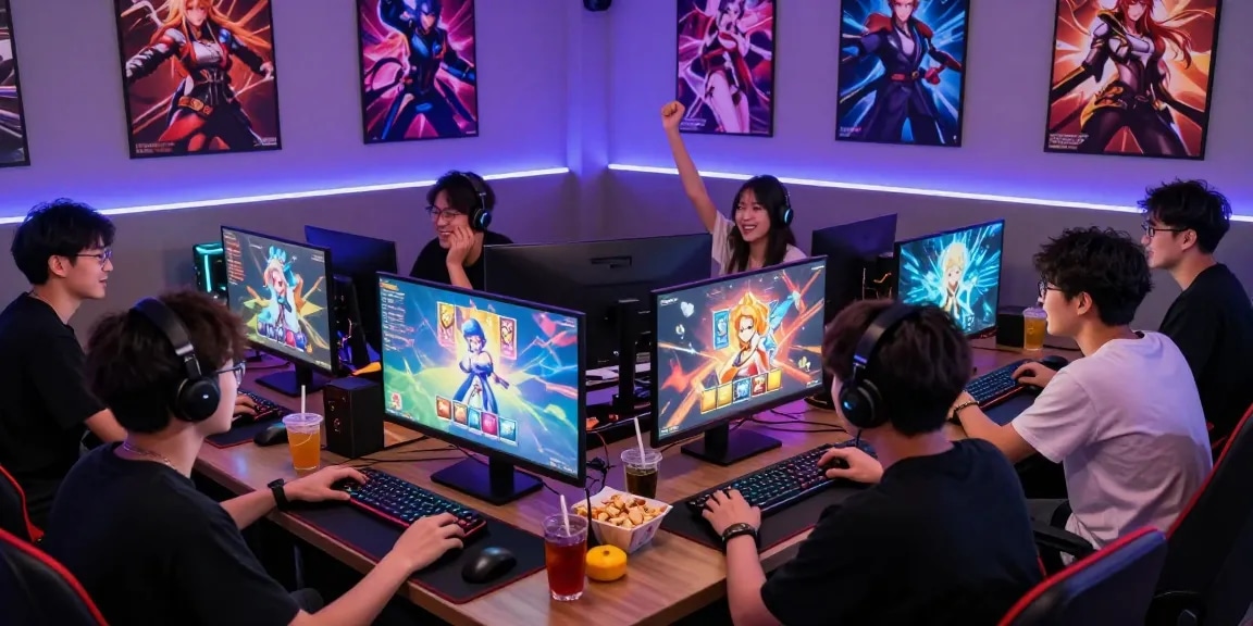 Engaged gamers enjoying gacha168 pulls in a colorful gaming den