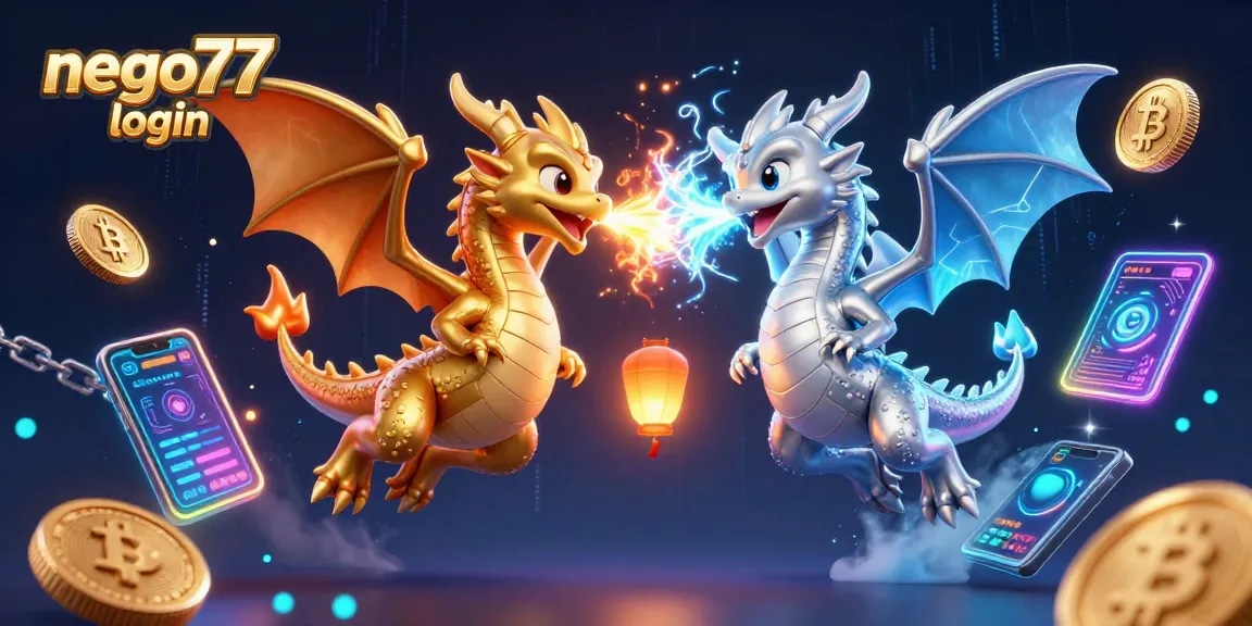 Engage with the exciting nego77 login experience featuring dynamic dragons and crypto elements.
