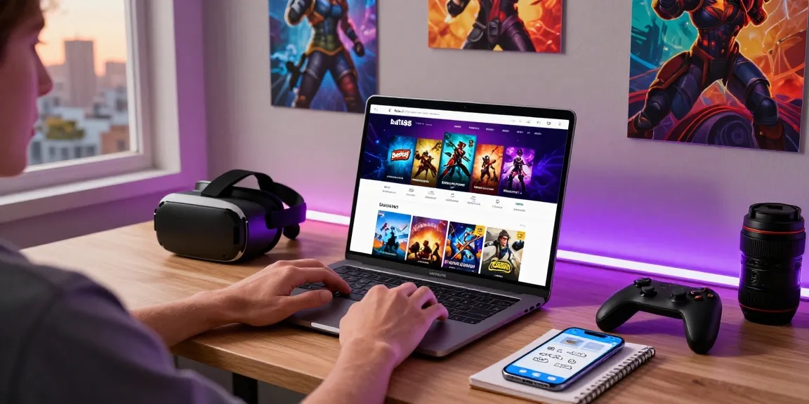 Isang gumagamit ng bd188 na nag-eexplore ng mga laro sa kanyang laptop na may gaming accessories at magandang likha ng ilaw.