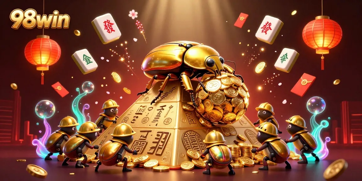Experience thrilling wins with 98win as the golden dung beetle rolls in a vibrant casino paradise.