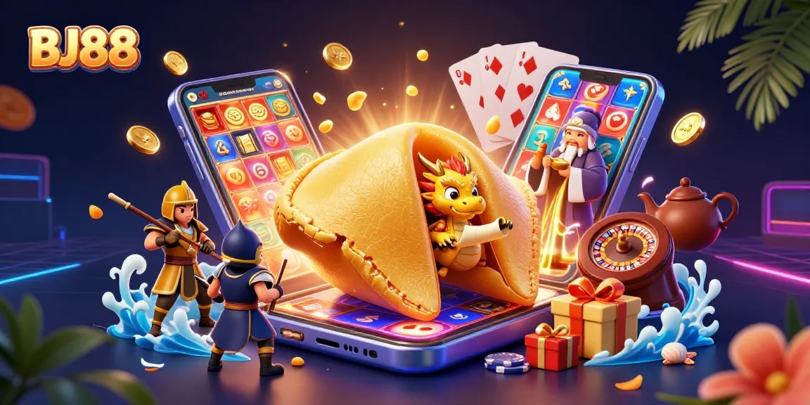 Engage with BJ88's interactive slots as a golden fortune cookie unleashes excitement and treasures.