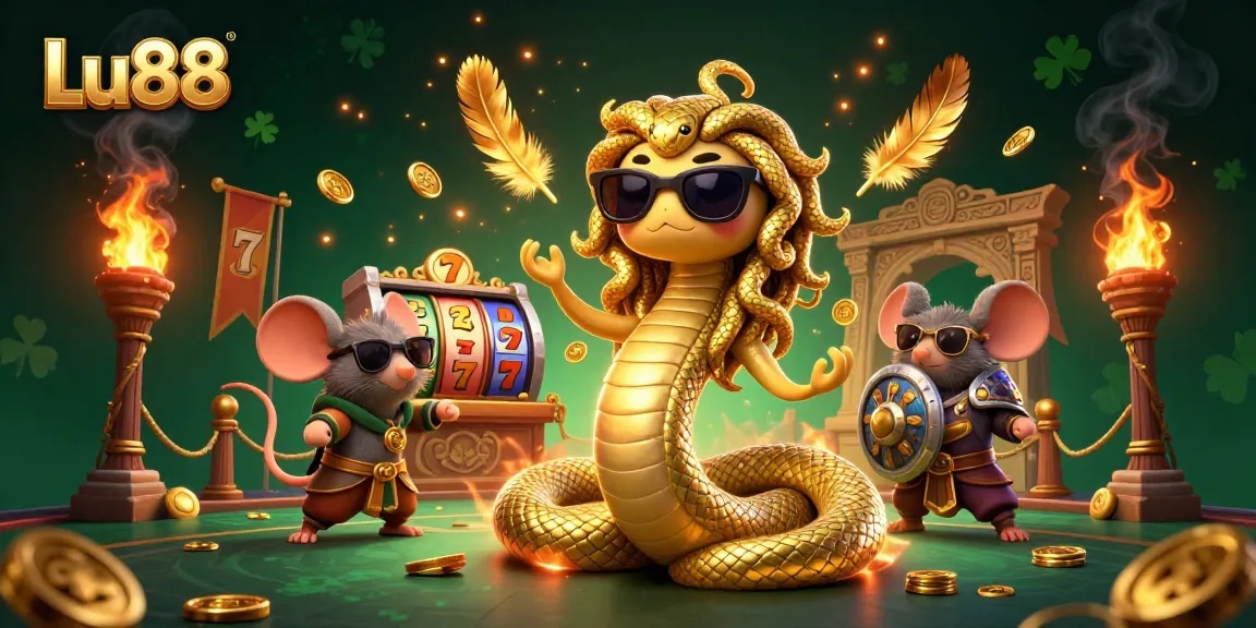 Engage with Lu88's exciting features featuring Medusa, a warrior mouse, and golden gambling elements.