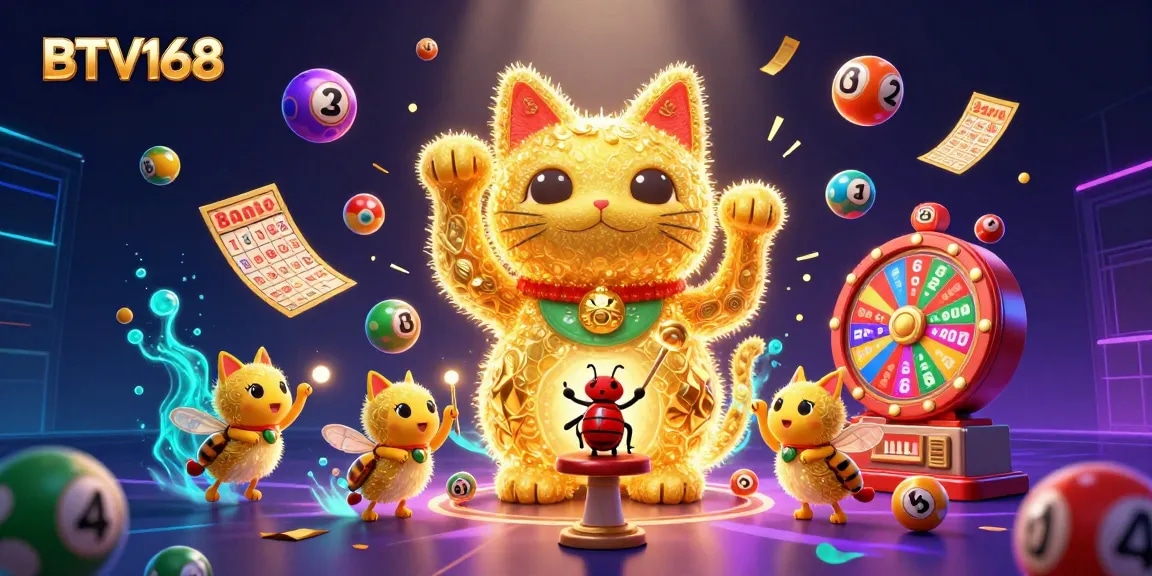 BTV168 showcases a vibrant lottery scene with golden fireflies and dynamic casino elements.