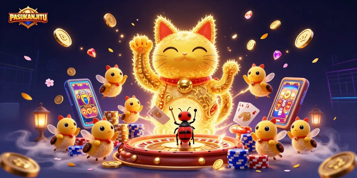 PASUKANJITU unleashes a vibrant casino scene with a lucky cat and dynamic game elements.