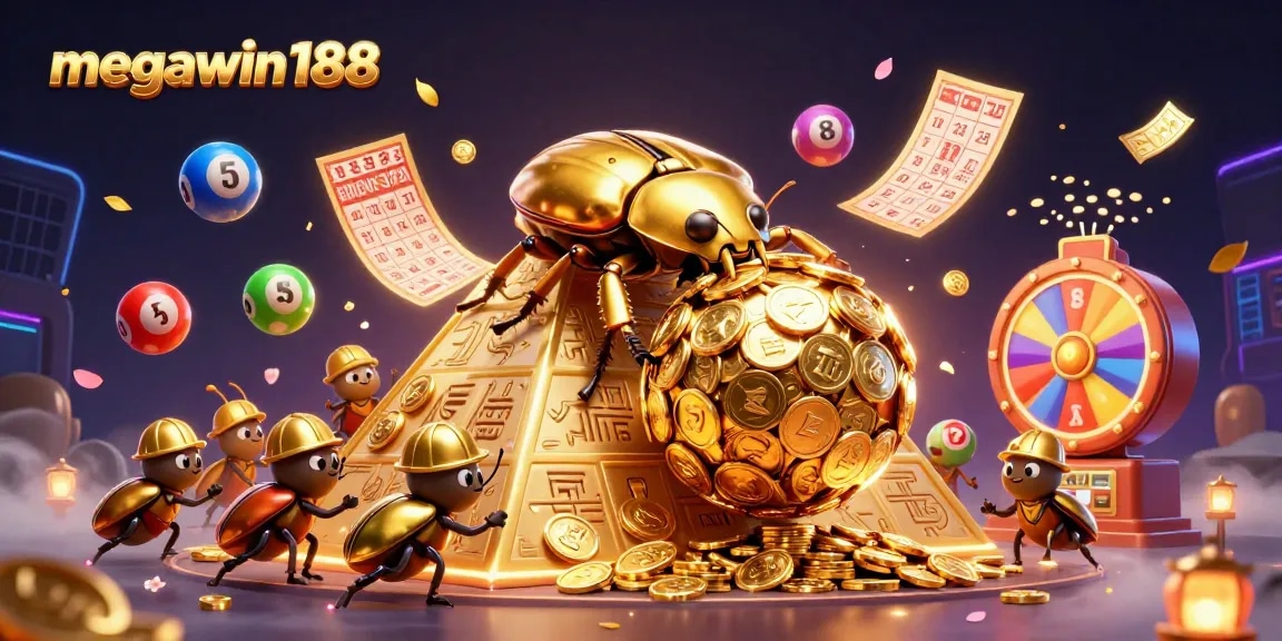 megawin188 menawarkan pengalaman bermain dengan beetle emas dan simbol kasino dalam ilustrasi menarik