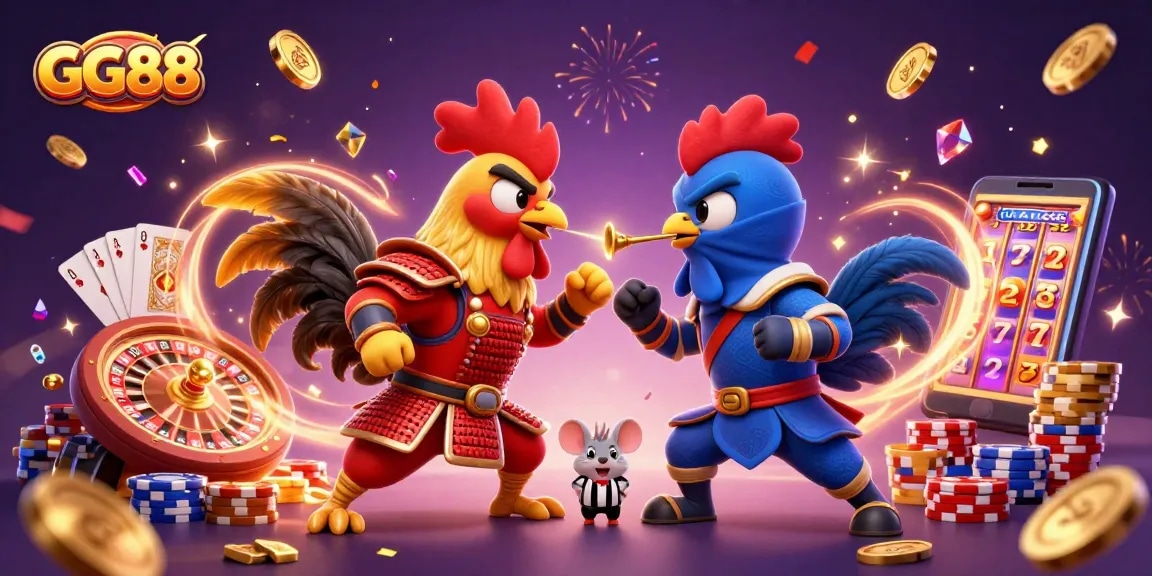 Engage in the thrilling action of GG88 with a dramatic rooster show-down amidst a vibrant casino atmosphere.