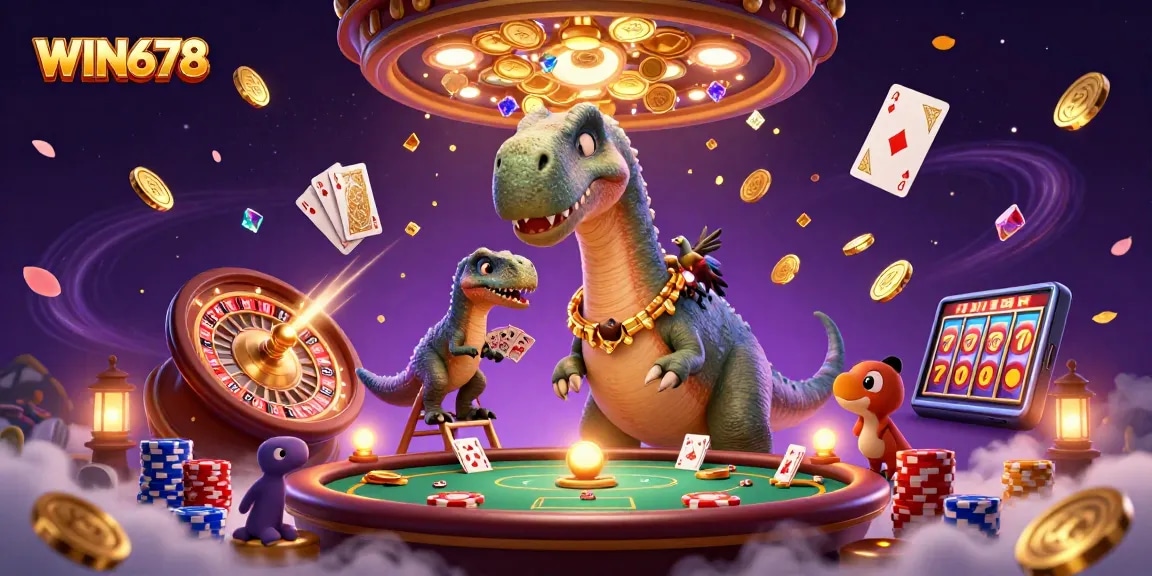 Experience the thrill of WIN678 with a dynamic casino scene featuring a towering brontosaurus and a clever raptor dealer.