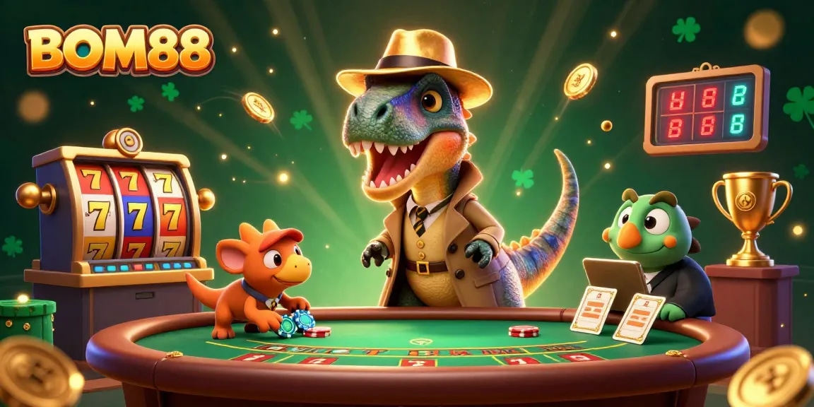 BOM88 slot game scene showcasing characters and dynamic casino elements like chips and jackpot counters.