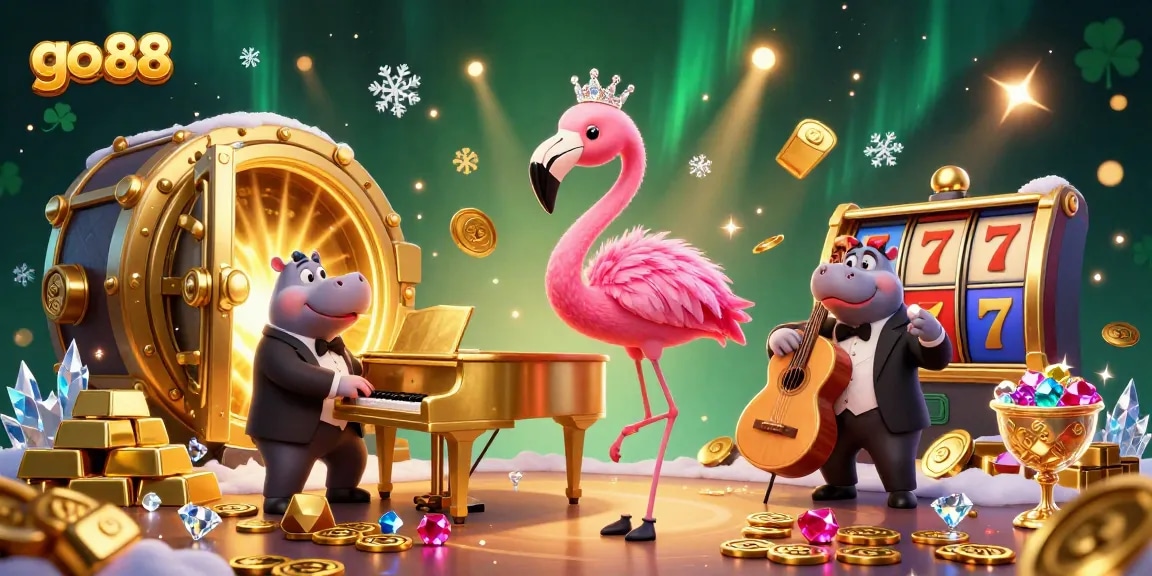 Experience go 88 excitement with vibrant casino scene featuring flamingo singer and hippo bassist.