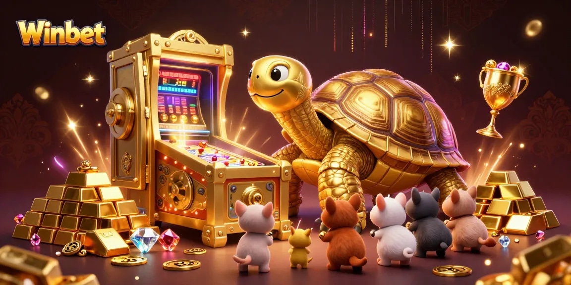 Winbet's massive golden tortoise pinball machine awaits players for thrilling casino action.