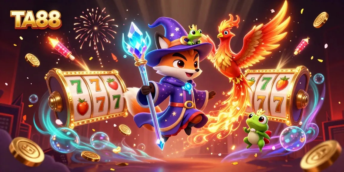 TA88 casino illustration showcasing a wizard fox, phoenix, and crowned frog among vibrant slot elements.
