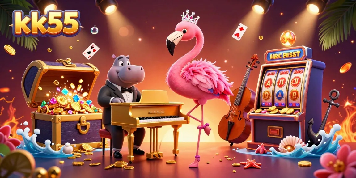 Experience the vibrant world of kk55 with dynamic casino elements in this lively illustration.