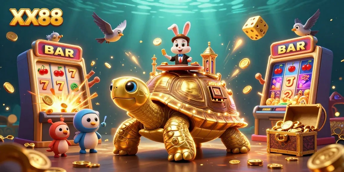 Experience exciting gameplay with XX88, featuring a vibrant 3D casino scene filled with golden symbols and dynamic actions.