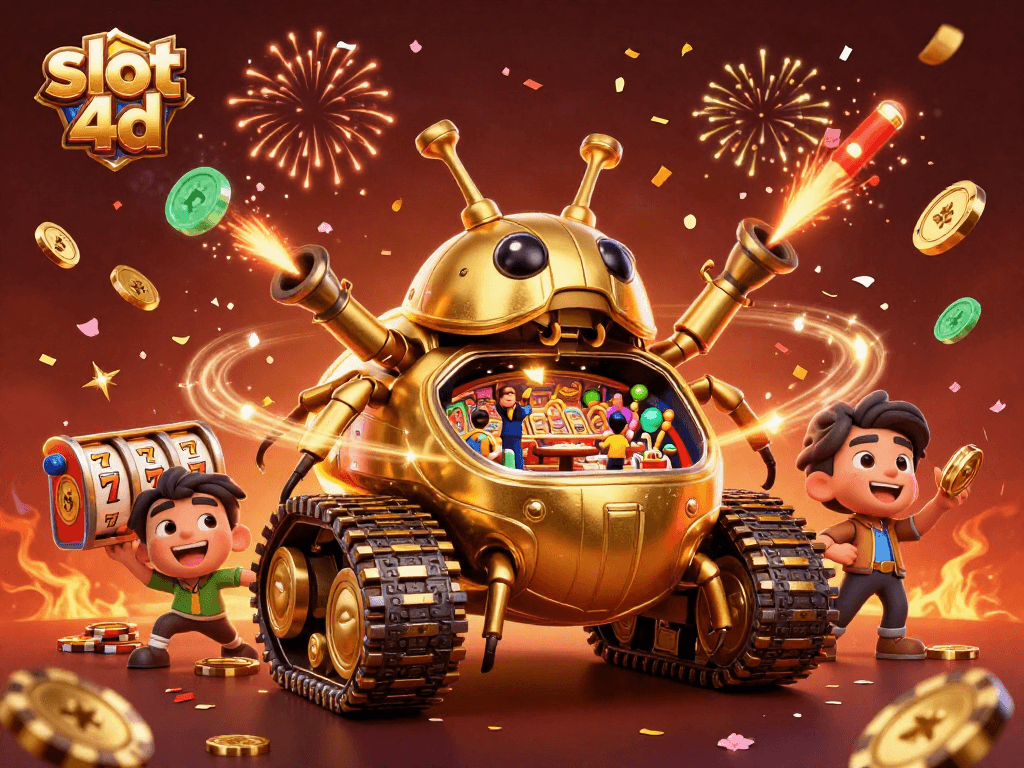Permainan slot 4d yang meriah dengan kasino mini dalam tank keong emas yang berwarna cerah.