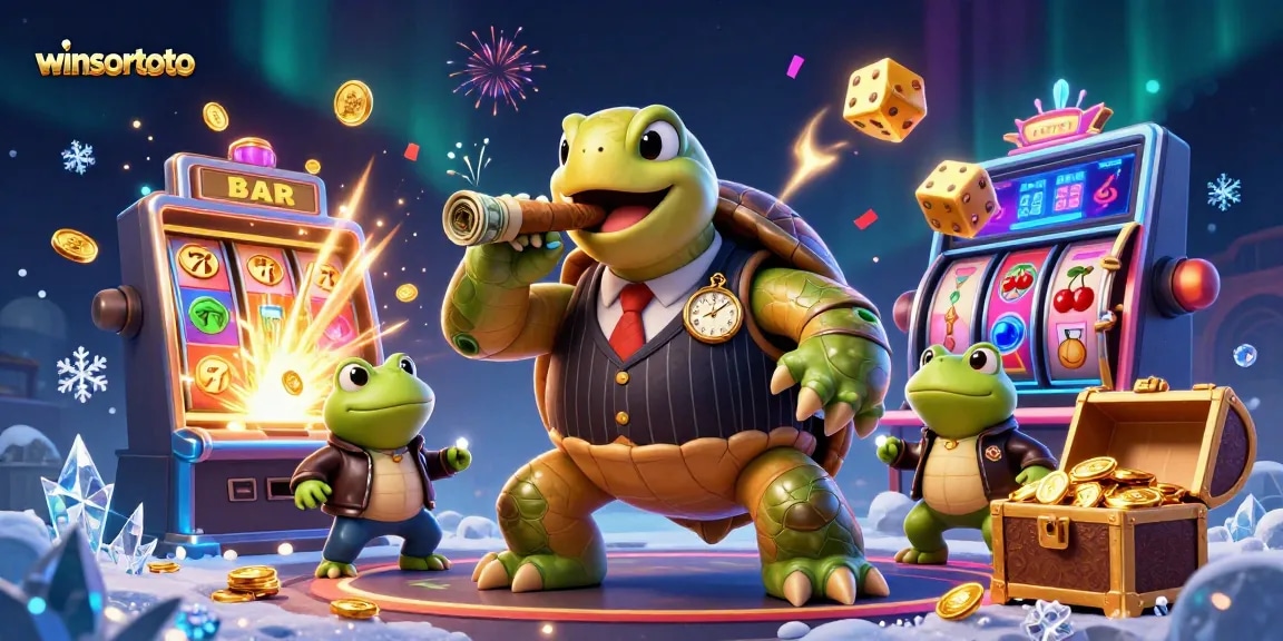 Activate winsortoto gaming with vibrant slot machine and cartoon characters in a casino scene