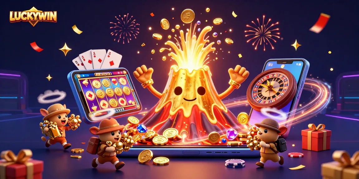 Experience the excitement of LUCKYWIN with animated treasures erupting from a golden volcano!