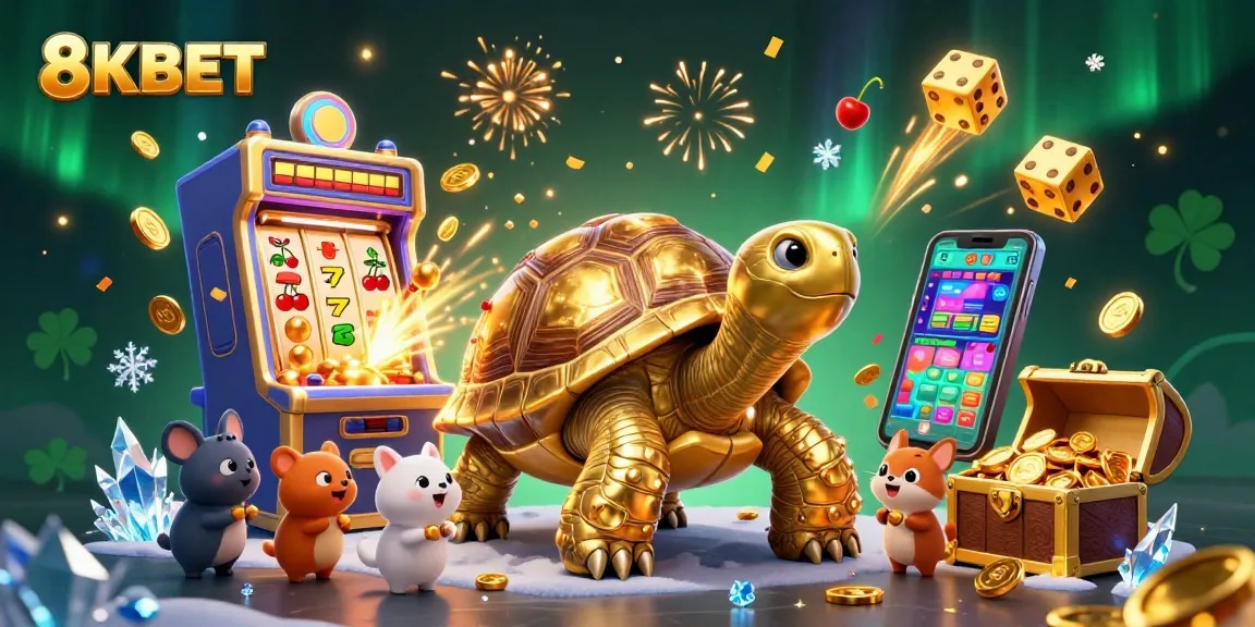 Join the excitement at 8KBET with a vibrant casino scene featuring dynamic gaming elements and animated characters.